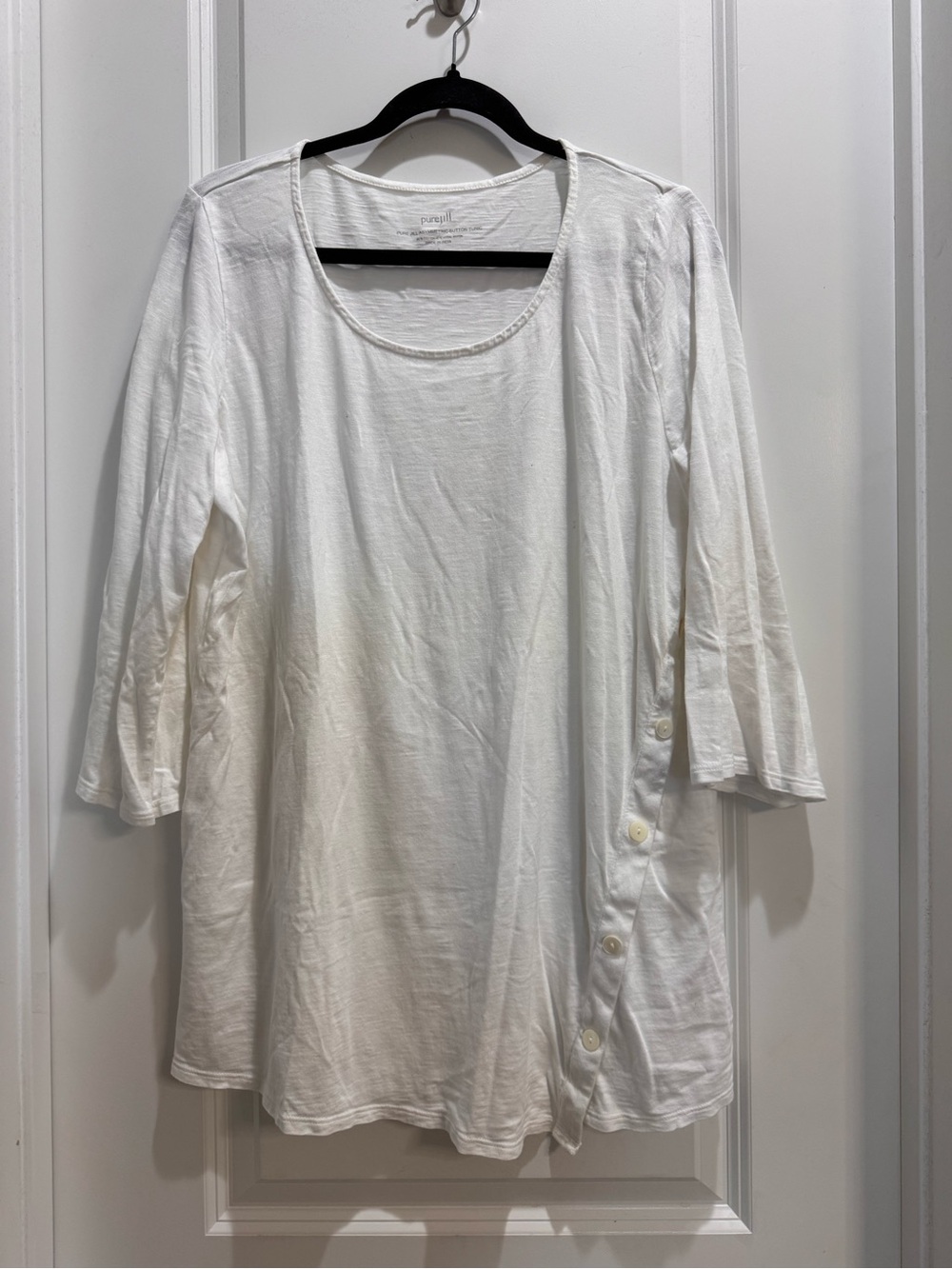 J Jill PureJill White Asymmetric Button Tunic Large Scoop Neck 3/4 Sleeves